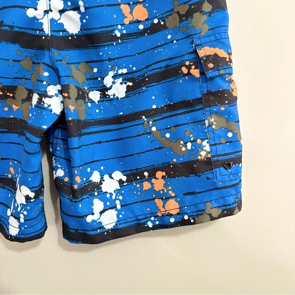 Blue & Orange Paint Splatter Striped Kids Swim Trunks w Mesh Lining - Picture 10 of 12